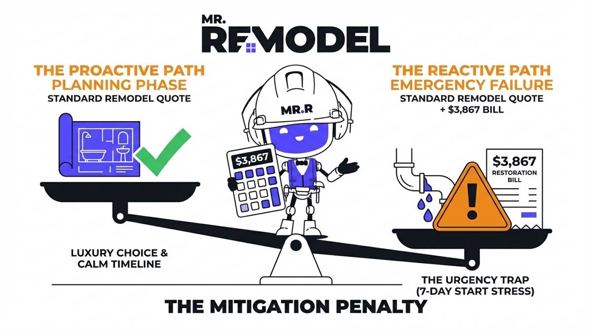 A financial ROI infographic comparing the cost of a planned luxury bathroom remodel to the higher cost of an emergency renovation, which includes an average $3,867 water-damage restoration penalty.